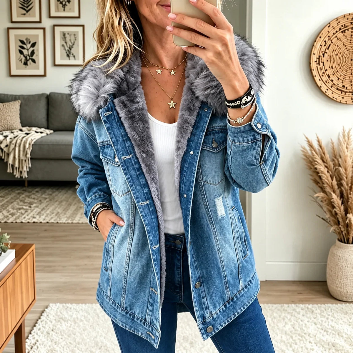 Milene | Denim Jacket with Faux Fur Collar