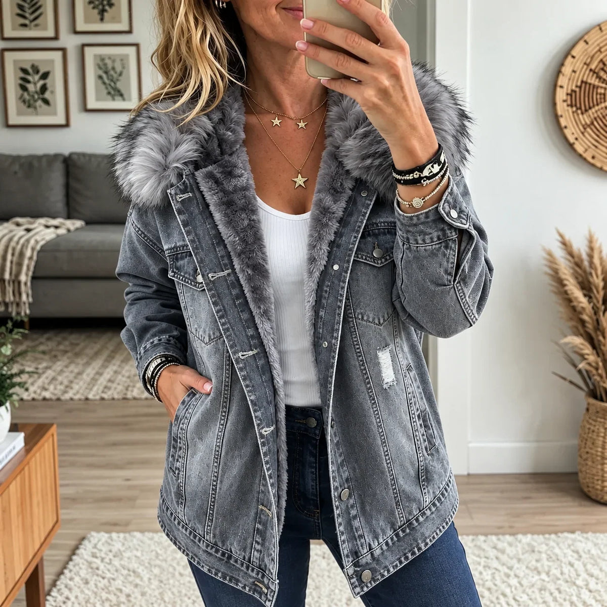 Milene | Denim Jacket with Faux Fur Collar