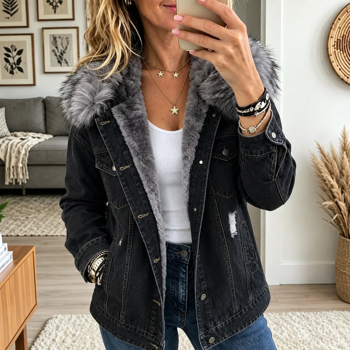 Milene | Denim Jacket with Faux Fur Collar