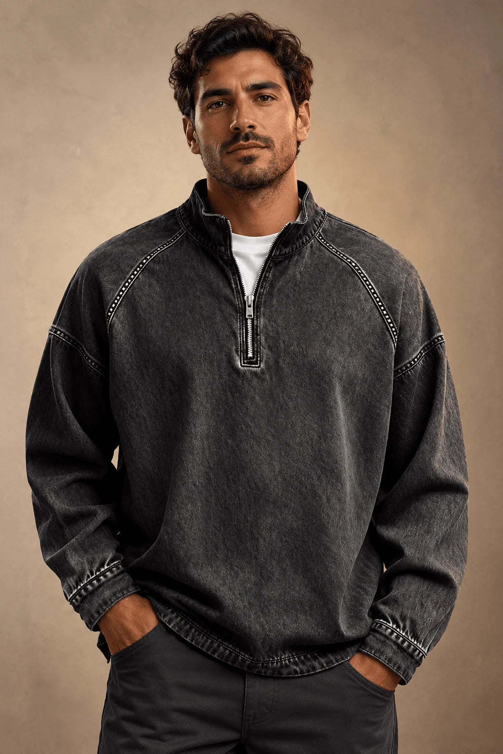 Kenan | Vintage-Wash Henley Zip-Sweater
