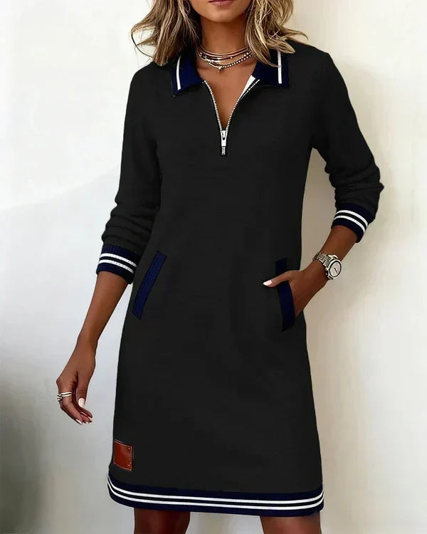 Cara | Long-Sleeved Half-Zip Cotton Dress