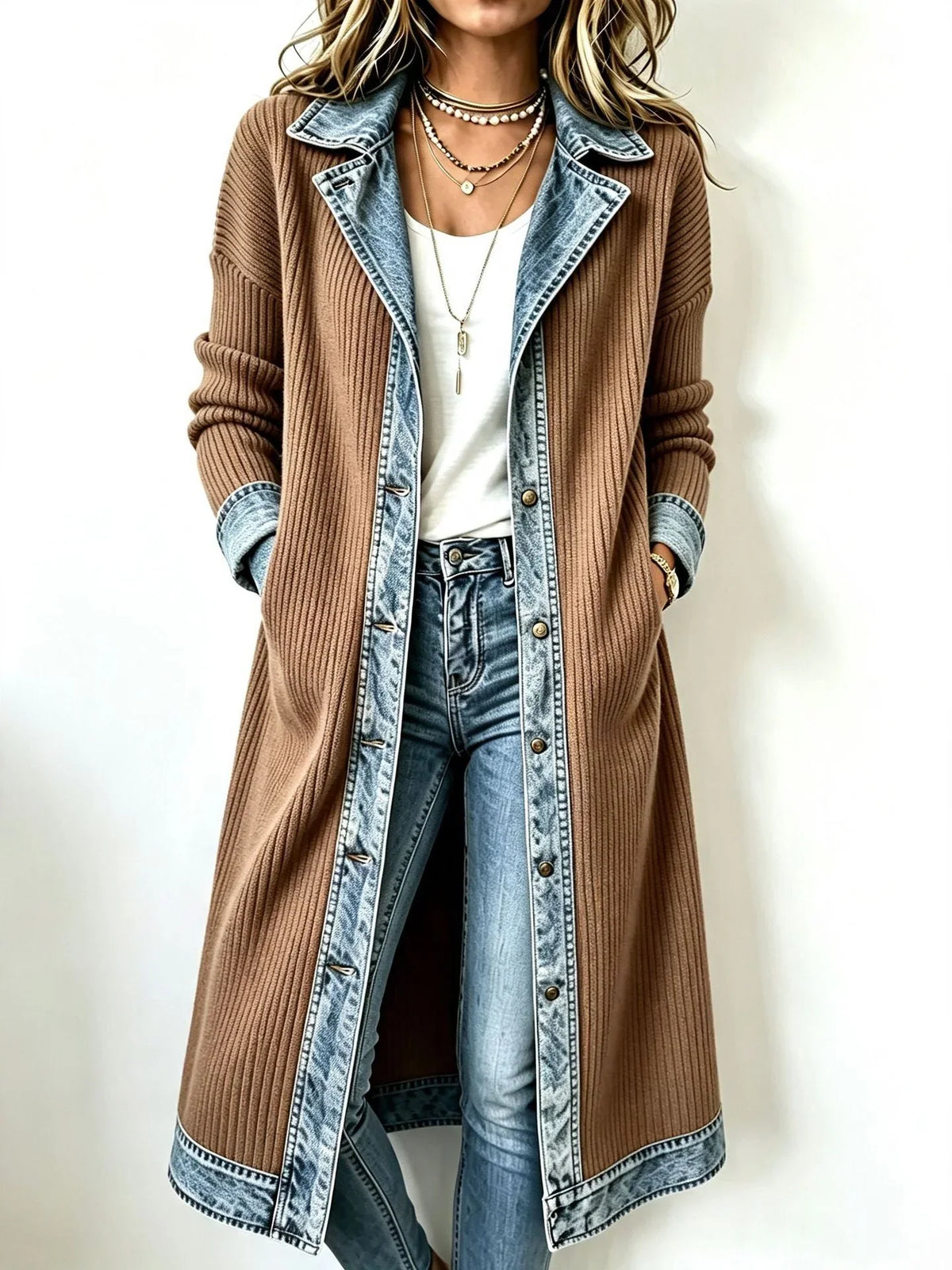 Maeve | Long Knit & Denim Cardigan