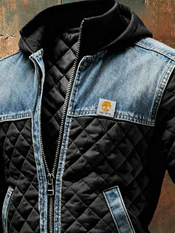 Jeffrey | Men's Hooded Quilted Jacket with Denim Details