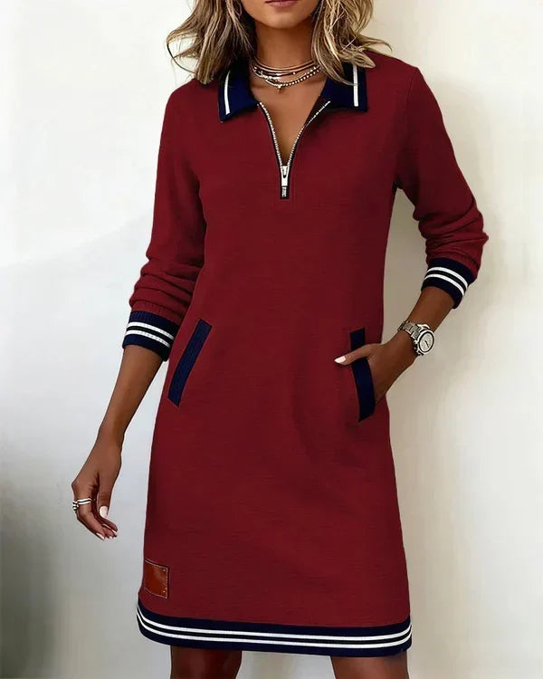 Cara | Long-Sleeved Half-Zip Cotton Dress