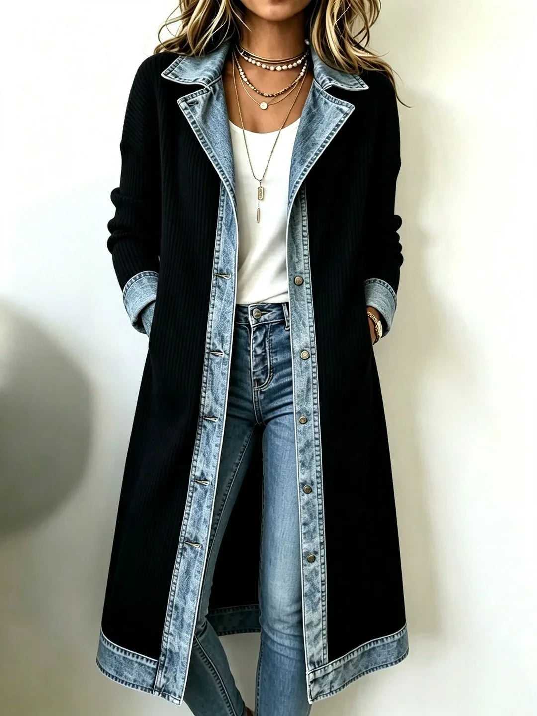 Maeve | Long Knit & Denim Cardigan