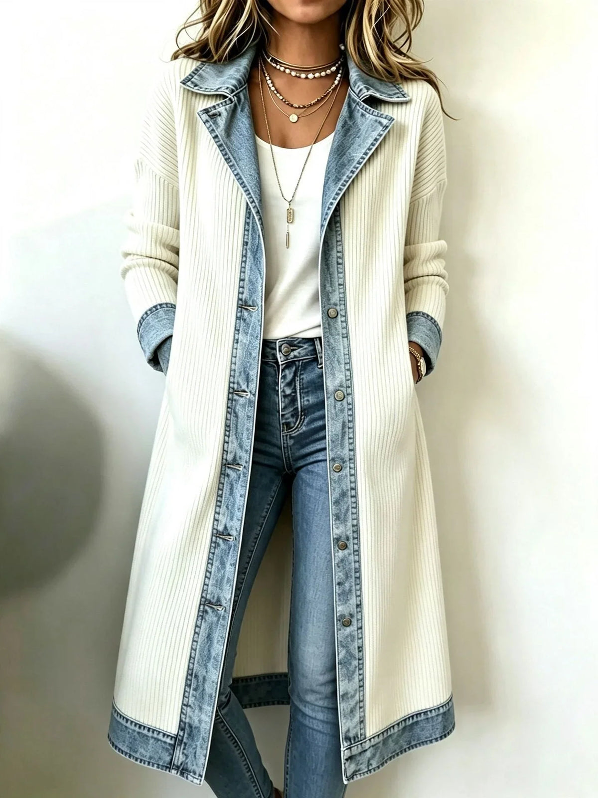 Maeve | Long Knit & Denim Cardigan