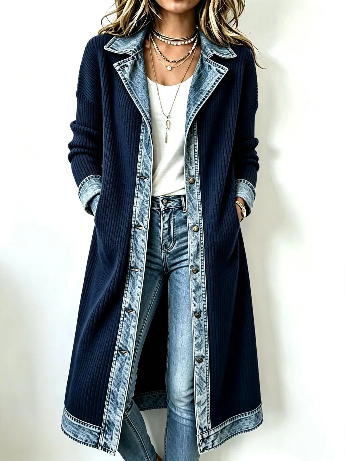 Maeve | Long Knit & Denim Cardigan