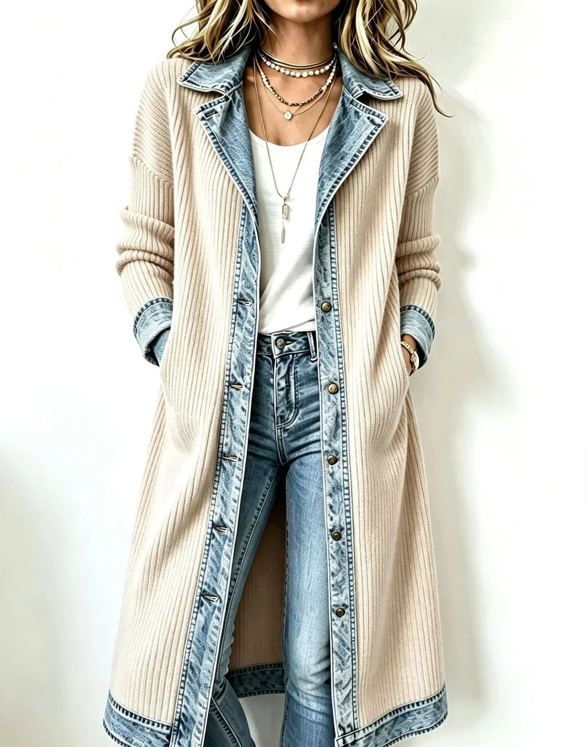 Maeve | Long Knit & Denim Cardigan